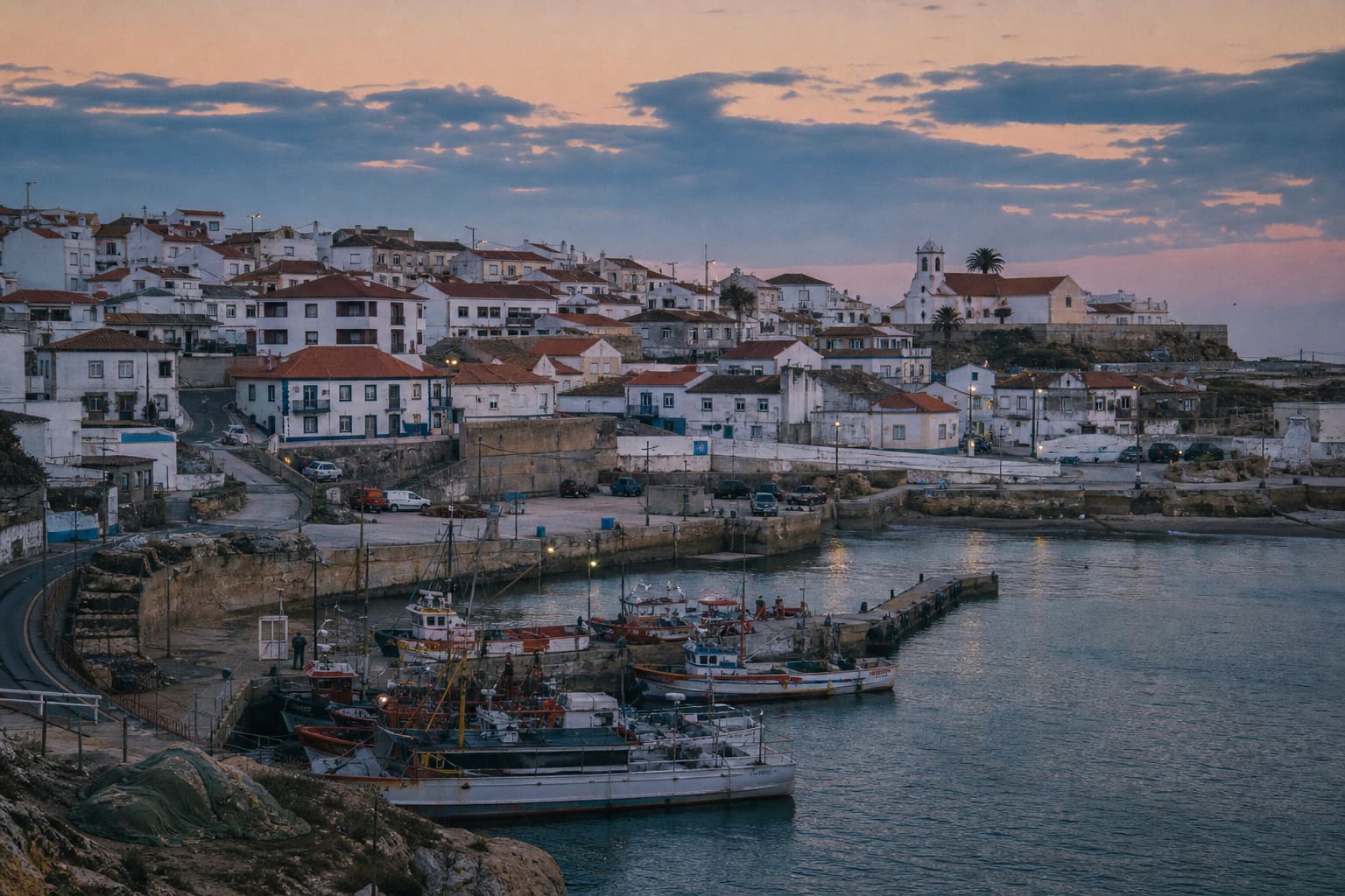 A Portuguese coastal town at dusk