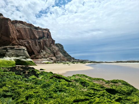 Red cliffs and seaweed-covered rocks beside the sand at Praia da Almagreira